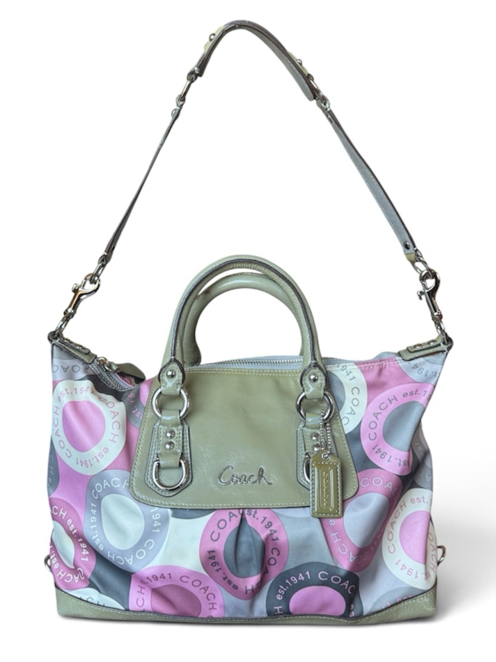 Vintage Y2K Coach Multicolor Scarf Circle Print Shoulder Bag with Sage Trim